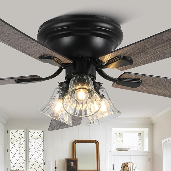 52'' Flush Mount Ceiling Fans with Lights and Remote Control | Reversible DC Motor,5 Reversible Blade,6 Speeds,Crystal Farmhouse Ceiling Fan for Living Room,Dining Room,Bedroom