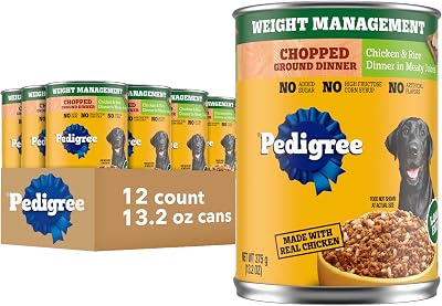 Pedigree Chopped Ground Dinner Weight Management Wet Dog Food, Canned Dog Food Chicken & Rice Dinner in Meaty Juices, 13.2 oz. Cans 12 Count, Pack of 1