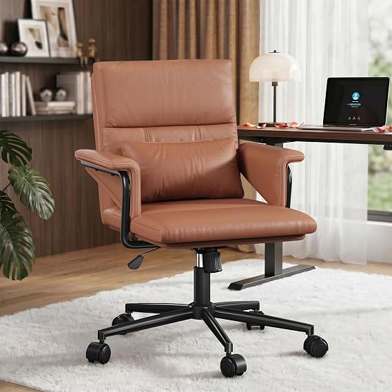 Homkdom Mid-Back PU Leather Office Chair, Home Desk Chair,Brown