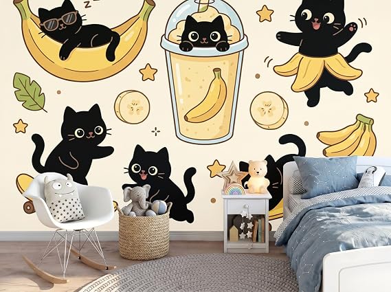 Cartoon Black Cat Banana Scene Photo Wallpaper Panoramic, Tropical Cartoon Wall Mural Poster 3D Effect - Silk Wallpaper for Living Room Bedroom Office TV Background Decoration, 200 × 140 cm