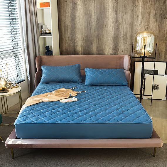 FCLDESHOP Deep Fitted Sheet,Solid Color Quilted Fitted Sheet, Bedroom Hotel Extra Deep Pocket Mattress Protector Mattress Topper,Blue,90 * 200cm+20cm