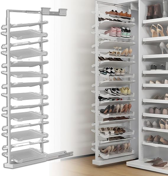 Pull-Out Shoe Rack Organizer for Closet, Adjustable Height Vertical Shoe Storage System with Heavy Duty Slide Rails, 4-18 Tier Shoe Shelf for Wardrobe Cabinet(WH,D25IN_12-TIER/63.4-68.1IN)