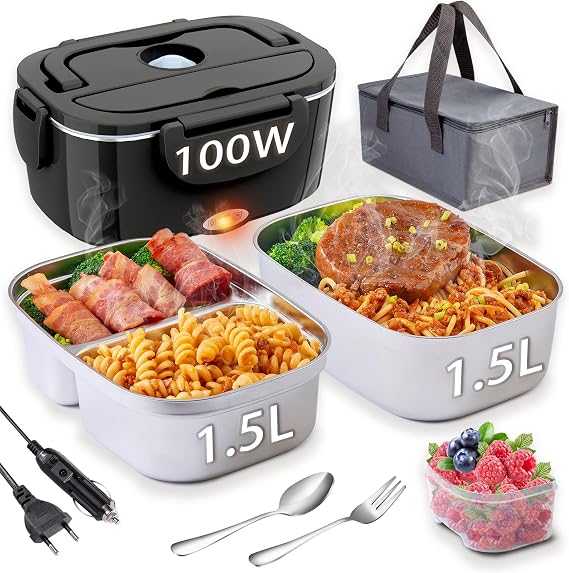 Nifogo 100W Heated Bowl for Car and Truck and Office Electric Lunch Box 3 in 1 Stainless Steel 12 V 24 V and 230 V Lunch Box 1.5 L x 2 with Grey Insulation Bags (Black)