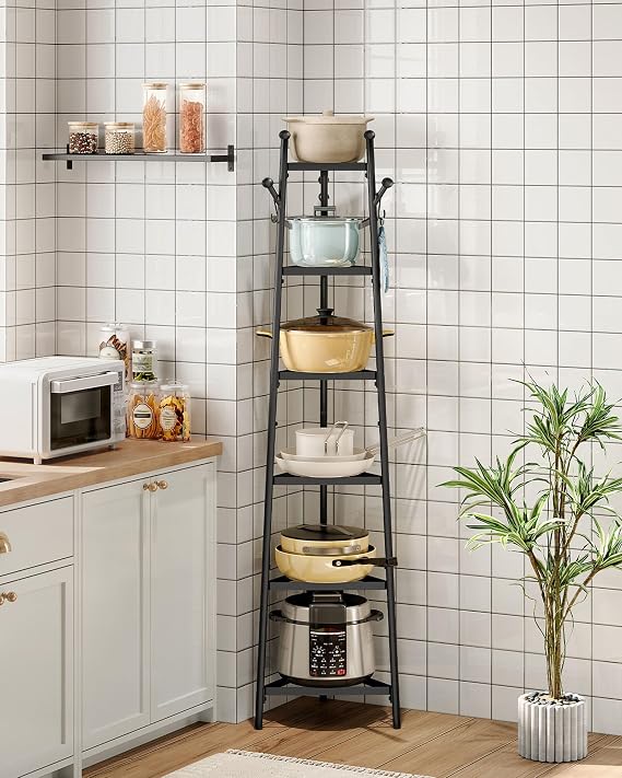 CHOEZON Pot Racks, 6-Tier Cookware Stand, Triangle Shelf Storage Tower for Kitchen, Pans Pots Storage Rack, Metal Wire Shelf Organizer, Corner Shelf, for Kitchen, Living Room, Black TPR15BB