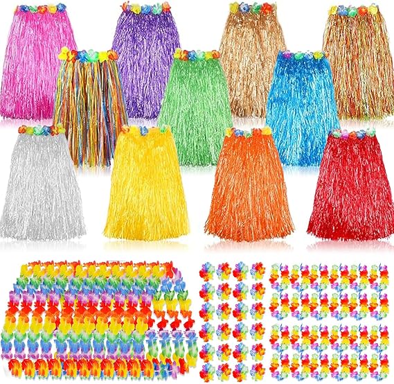 ONKULL 12 Set 60 Pcs Hawaiian Luau Hula Skirts Decorations, Grass Skirts, Hawaiian Bracelet & Necklace for Tropical Beach Party Holiday,Birthdays Party Decorations Favors Supplies Multicolor