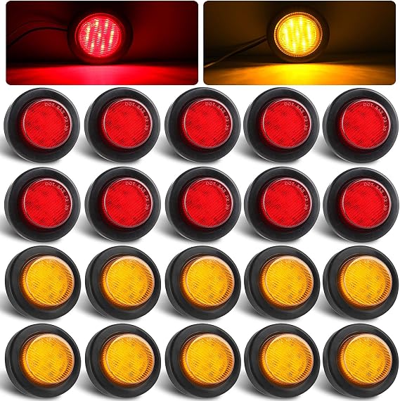 Partswcgg 20Pcs 2" Inch Round Led Trailer Marker Lights 9LED, 10 Amber+10 Red 2" Red Round 9LED LED Indicator Side Clearance Lights Markers Flush Mount w/2 Prong Plug Grommet Pigtails IP67 Waterproof