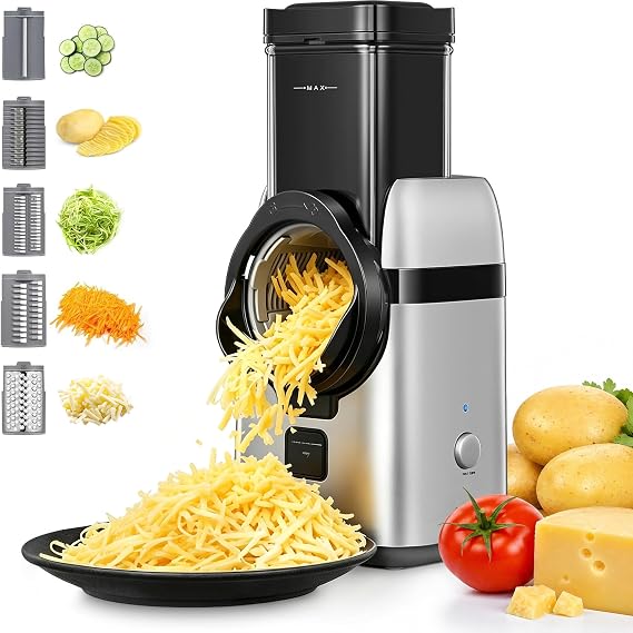 FOHERE 5 in 1 Electric Cheese Grater, Large Feed Chute Electric Grater