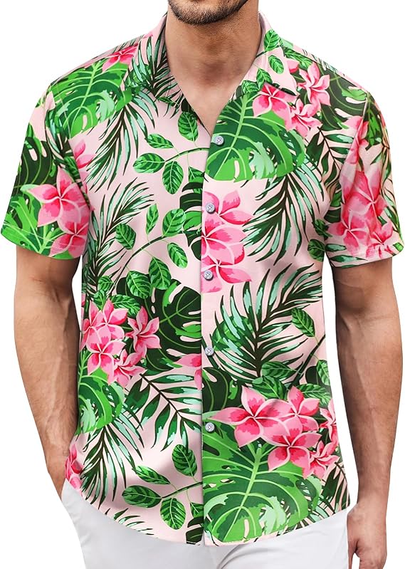 Hawaiian Shirt for Men Short Sleeves Tropical Printed Casual Button Down Summer Beach Floral Shirts Green Flower
