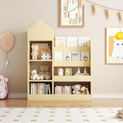 Kids Bookshelf Wooden Toy Storage Organizer with 2 Shelf Bookcase, 5-Section Storage Cabinet Montessori Bookshelf Toddler Bookshelf Book Shelf for Kids Rooms, Playroom, Nursery Natural