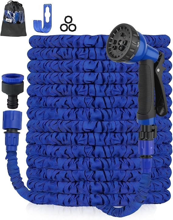 100FT Expandable Garden Hose Pipe - Flexible Expanding Magic Hose with 3/4", 1/2" Fittings, Anti-Leakage - Flexible Expanding Hose with 8 Function Spray Nozzle for Spring/Summer (Blue, 100FT)