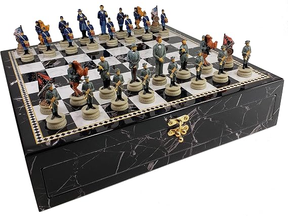 HPL US American Civil War Generals Chess Set with 17" Black and White Faux Marble Storage Board