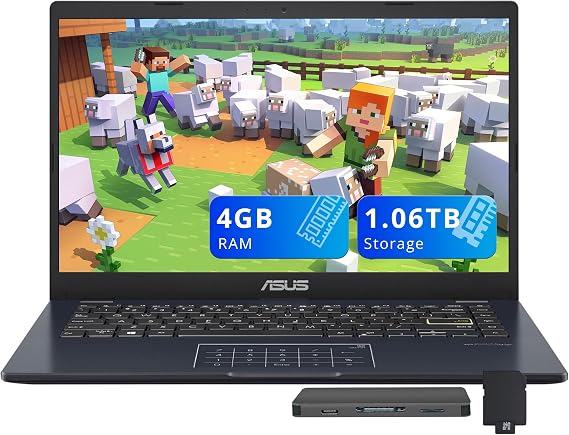 ASUS 14" FHD Laptop, Intel Celeron N4500 Processor, 4GB RAM, 1.06TB Storage (64GB eMMC + 1TB Docking Station Set), Intel UHD Graphics, Number Pad, HD Webcam, Wi-Fi, Windows 11, Quiet Blue