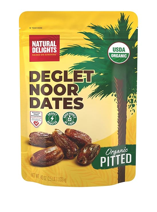 Natural Delights Organic Pitted Deglet Noor Dates USDA Certified Organic, Non-GMO Verified, Good Source of Fiber, Naturally Sweet Fruit Snack, Perfect for On-the-Go - Organic Deglet Noor Dates Pitted, 40 oz Pouch