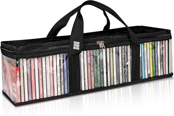 Made Easy Kit CD Media Storage Bag Case - Clear See Though PVC Organizer With Triple-Stitched Handles and Dividers - Stackable, Space-Saving, Fits 50 CDs (Black)