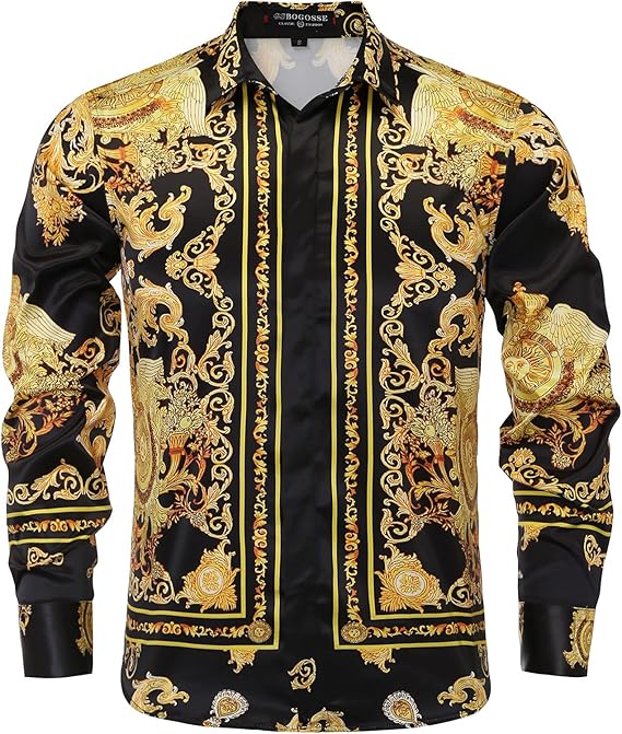 Mens Luxury Brand Print Silk Satin Design Button Down Dress Shirt