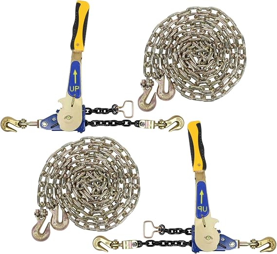 Mytee Products 4 Pcs G70 5/16" Chain & Easy Binder Kit - (2) 5/16"-3/8" Easy Ratcheting Chain Load Binder & (2) 5/16" x 20' G70 Transport Chain w/Grab Hooks - 4700 lbs WLL for Truck Trailer Tie Down