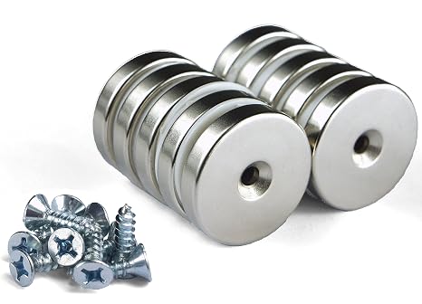 10-Pack Neodymium Countersunk Disc Magnets with Screws | 50lb |1.26" x 1/4" Rare Earth Permanent Mounting Magnets for Industrial, Shop, and Home Use