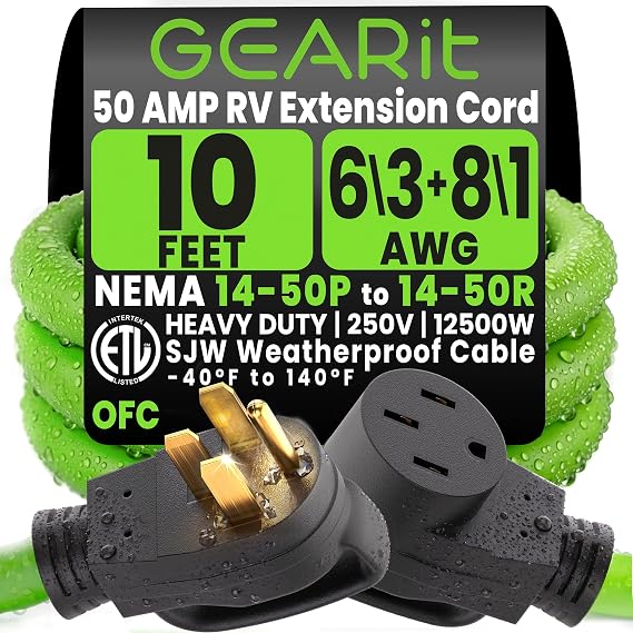 GEARit 50 Amp RV Extension Cord 10 Ft, NEMA 14-50 Extension Cord, 6/3+8/1 STW 50amp Generator Cord, 125/250V 12500W Heavy Duty Weatherproof for RV Camper EV Charger, 4 Prong, ETL Listed
