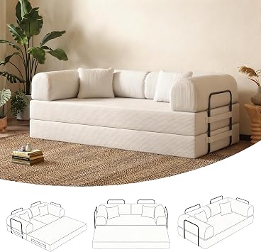 79'' Folding Sofa Bed, 5-in-1 Convertible Sofa Bed Boneless,Comfy Foldable Foam Couch with Pillow Modular Floor Couch for Living Room,Bedroom,Lounge - Corduroy White