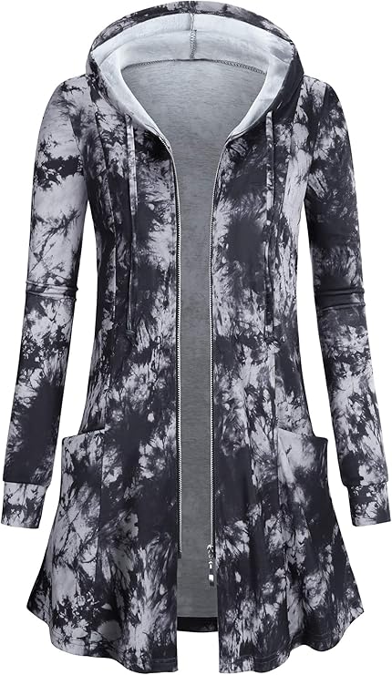 Miusey Womens Zip Up Long Hoodie Jacket Lightweight Tunic Sweatshirt Open Front Cardigan
