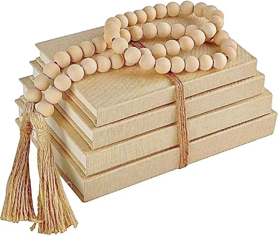 Linen Decorative Books for Home with Wood Beaded Tassel, 4-Piece Beige Set