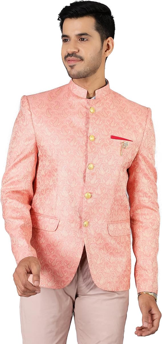 WINTAGE Men's Banarasi Rayon Cotton Festive and Casual Bandhgala Jodhpuri Blazer : Beige1