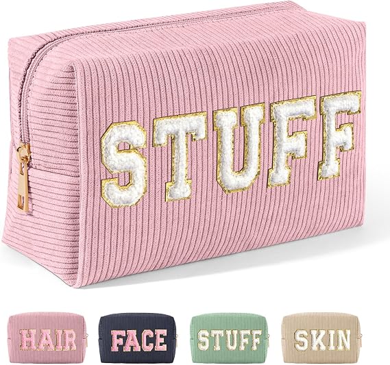 MAGEFY Corduroy Makeup Bag Small Makeup Bag for Purse with Compartments Cute Makeup Pouch Cosmetic Bag for Women Friends Preppy Gifts (Pink, STUFF)