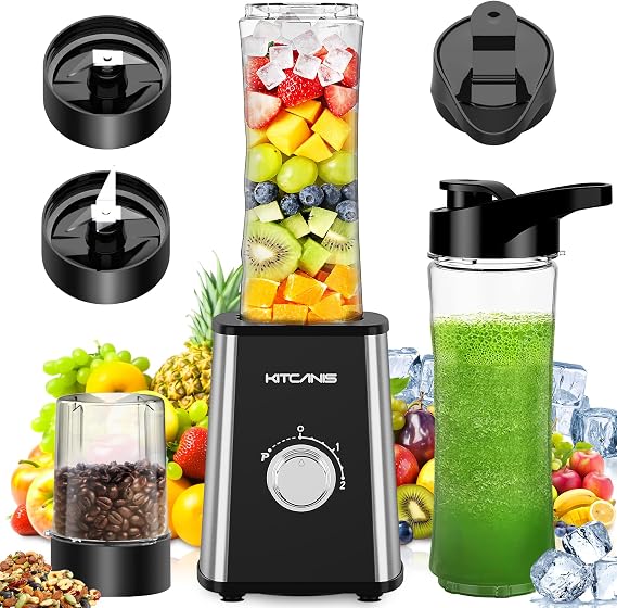 KITCANIS Mixer Smoothie Maker 800W, 3 in 1 Multifunctional Smoothie Blender with 3 Adjustable Speeds, 600ML Portable Bottle and 300ML Grinding Cup for Ice, Fruit, Vegetable, nut, BPA-Free | 3 adjustable speeds, 2 x 600 ml portable bottle, 300 ml grinding cup, for ice, fruit, vegetables, nuts
