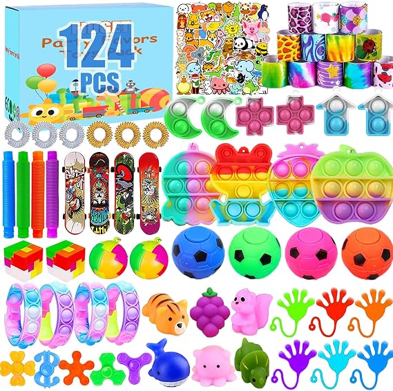 124 Pack Fidget Toys for Kids, Stress Relief Sensory Toy with Autism Autistic, Treasure Box Toys for Classroom, Prizes for Kids, Party Favors, Pinata Stuffers, Stocking Stuffers