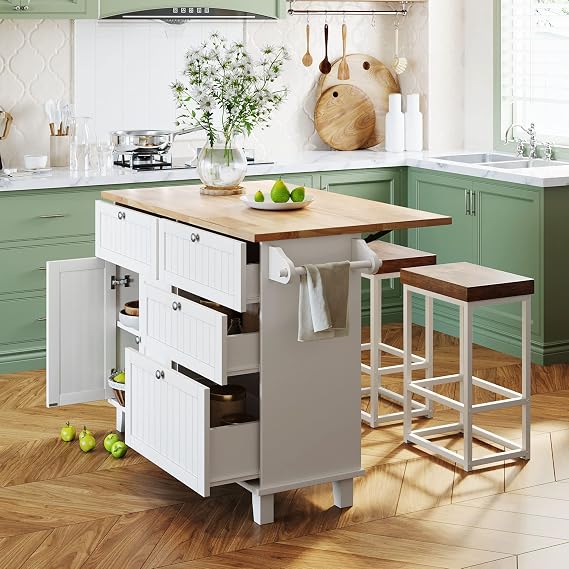 Polibi 3-Piece Kitchen Island Set with Drop Leaf Table and 2 Stools, 5 Drawers, Dining Table Set with Storage Cabinet, Drawers and Towel Rack,White