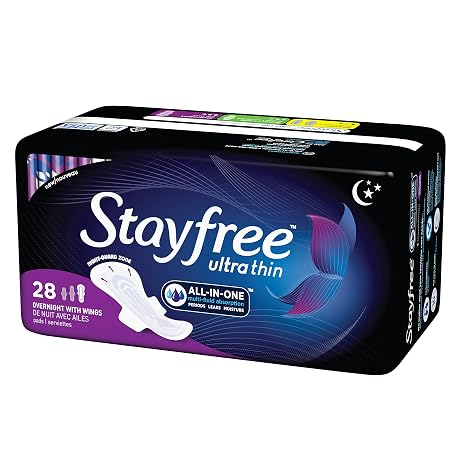 Stayfree Ultra Thin Overnight Pads with Wings, For Women, Reliable Protection and Absorbency of Feminine Moisture, Leaks and Periods, 28 count