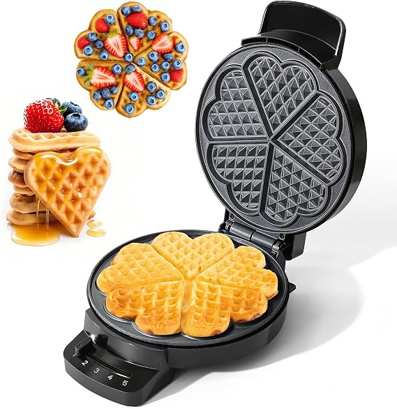 Heart Shaped Waffle Maker 5 Slices with 8'' Non-stick Plates, Gift, 1000W