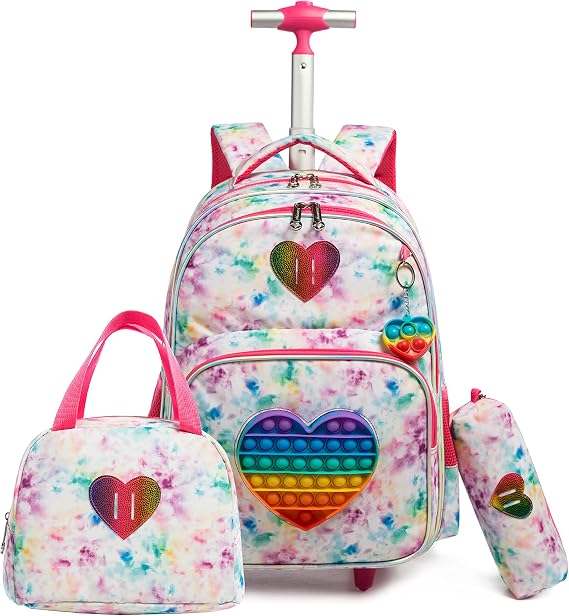 HTgroce Rolling Backpack for Girls it Backpack 16 inch Set 3 in 1 with Lunch Bag Kindergarten Gifts for Kids Girls Backpack Trolley Bag.