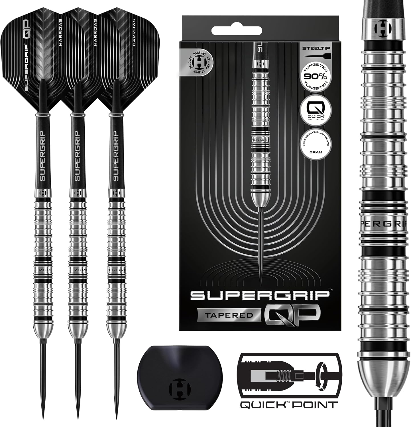 Harrows SuperGrip QP Tapered 90% Tungsten Darts | Steel Tip Darts Set with Quick Point Change System | 22g, 23g, 24g, 26g, 28g & 30g | Includes Supergrip Shafts & 100 Micron Flights