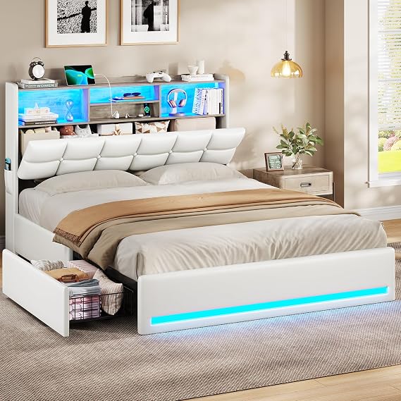 VIAGDO Queen Bed Frame with Bookcase Headboard and Storage, Upholstered Platform Bed Frame Queen Size with Charging Station, 4 Drawers and LED Lights, Heavy Duty, No Box Spring Needed, White