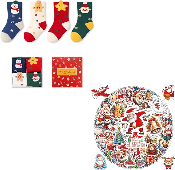 christmas socks 4 pairs + 100pcs christmas stickers