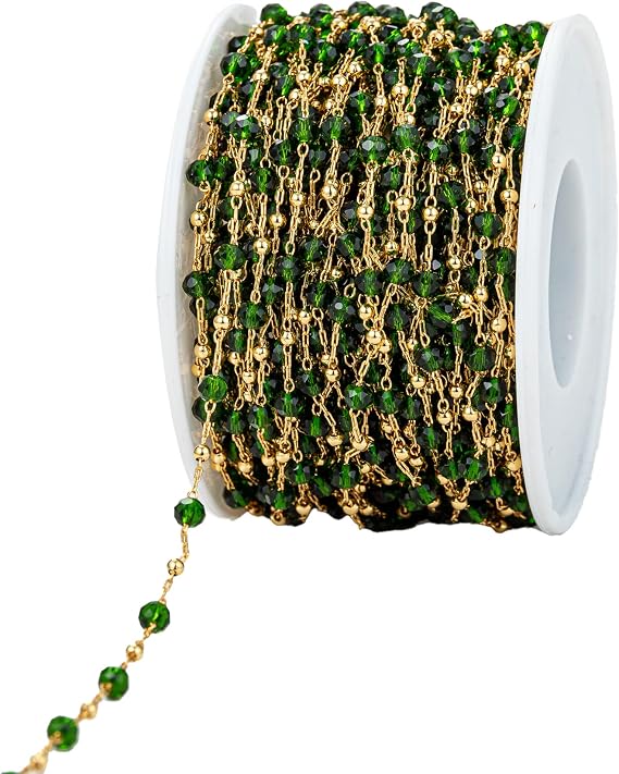 YoungJewl 2 Yards Faceted 3mm Crystal Rosary Beads Chain with Brass Gold Beads Chain for Jewelry Making Bracelet Necklace Sewing DIY Crafts(Green)