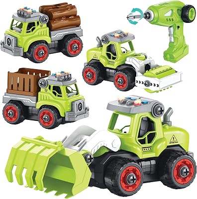 Take Apart Toys with Electric Drill RC | Farm Toys for Boys Trucks Set 4 in 1 with 360 Remote Control, Sounds & Lights, Rechargeable Battery, 36Pcs DIY STEM Toys for 4 5 6 7 Year Old Boys or Girls