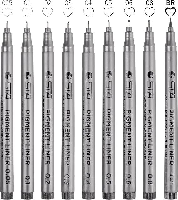 Foneso 9 Fineliner Pens Waterproof Pigment Liner Set (8 Line Widths and 1 Brush) for Sketching Artist Illustration Technical Drawing Office Documents Black