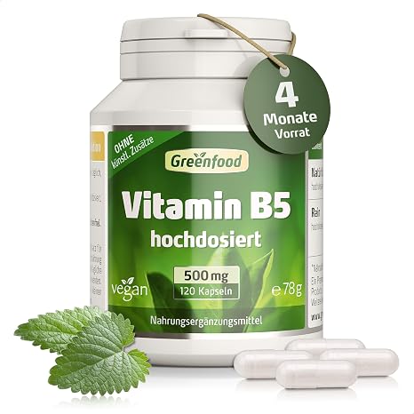 Vitamin B5 (Pantothenic Acid) 500 mg High Dose – 120 Vegetable Capsules – For Mental Performance Important Beauty Factor No Artificial Additives No Genetic Engineering Vegan Supports cognitive function energy high bioavailability laboratory tested gluten free lactose free halal vegan