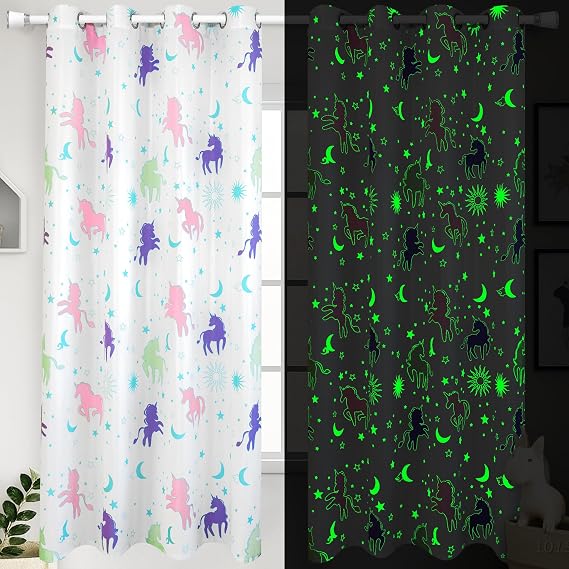 Unicorn Curtains for Girls Bedroom Decor, Glow in The Dark Pastel Princess Pink and Purple Colorful Star Room for Teen or Toddler Babys Kids Kawaii Rainbow Window Cute Classroom 2 Panels
