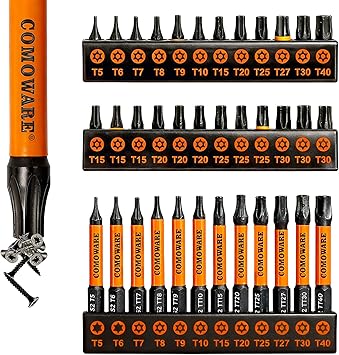 COMOWARE 36pcs Impact Torx Bit Set (TT5-TT40), S2 Steel 1/4" Allen Bit, CNC Security Torx Set, 1&2" Screwdriver Set, Tamper-Proof Star Screwdriver Set with Storage Box