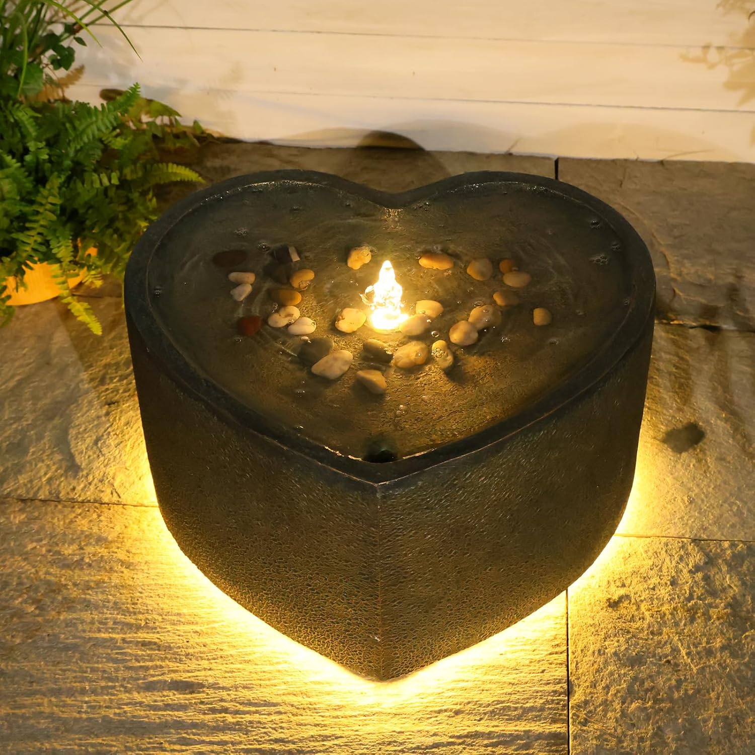 Bumilgar 26cm H Love Shape Water Feature Outdoor&Indoor, Garden Water Fountain with LED Lights,Valentine's Day Gift,Suitable for Garden, Terrace, Backyard, Deck, Porch, Gold