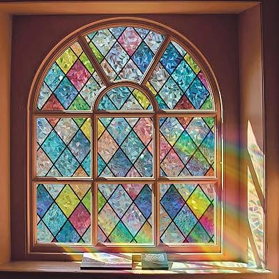 Window Privacy Film, Static Cling Stained Glass Window Film Decorative, Non-Adhesive 3D Rainbow Frosting Film Anti-UV for Bathroom Home DoorRainbow,17.5 x 78.7