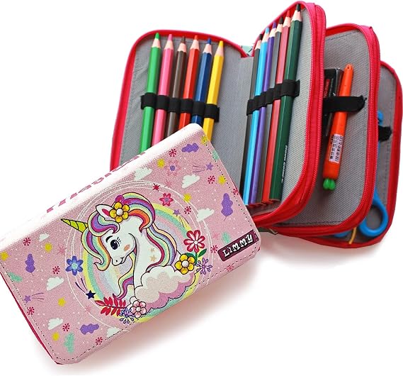 Bahar Çiçekli Unicorn Kalem Kutusu Kawai Organizer Kalemkutu Vegan Deri Üç Bölmeli Kalemlik- Pembe