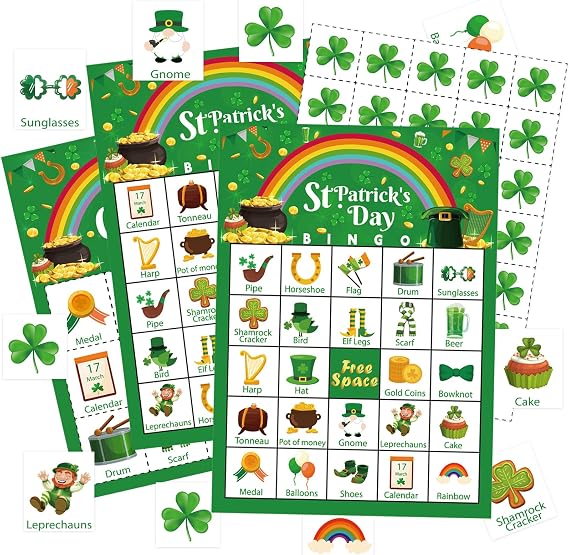St Patrick's Day Bingo Games Cards, 24 Players St Patrick's Day Party Bingo Games Irish Shamrock Bingo Cards for Saint Patrick's Day Family School Classroom Activities