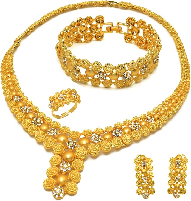 Indian Bollywood Women Jewelry Sets 24K Gold Plated Dubai Gold Necklace Earrings Bangle Fashion Wedding Prom Jewelry Set