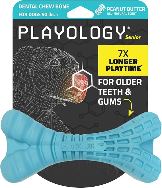 Playology Dental Chew Bone Toy for Senior Dogs - Jumbo, Peanut Butter Scent | Soft Rubber, Gentle On Older Teeth, Deep Cleaning Grooves