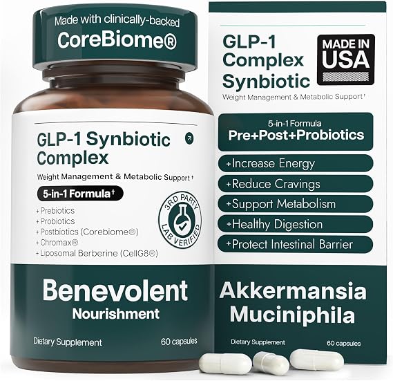 Benevolent Natural GLP-1 Probiotics Supplement for Gut Health, 60 Capsules | 5-in-1 Synbiotic with Akkermansia, MetSyn, Chromax & Liposomal Berberine | Glp-1 Support for Weight Management & Metabolism