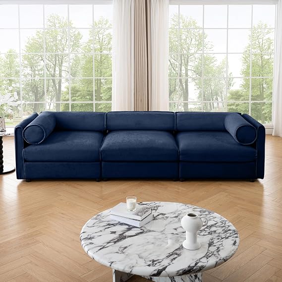 109" Modern Chenille Sectional Sofa with Deep Seat & Seat Storage | 3-Seat Modular Design, Cylindrical Backrest & Armrests | Comfy Living Room Apartment Couch, Blue